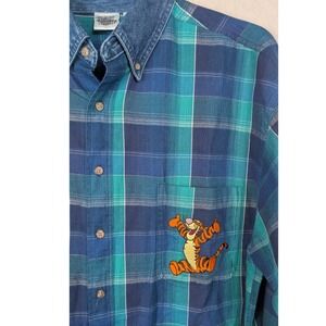 Vintage Tigger Disney Catalog Mens Large Green Blue Plaid Long Sleeve Shirt